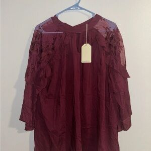 JODIFL Burgundy Blouse with Sheer Floral Sleeves
